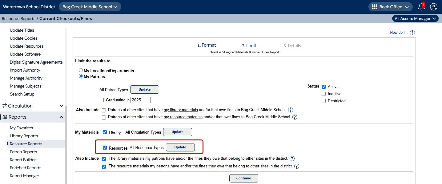 Current checkouts/fines report showing the Resource Type Update button circled.